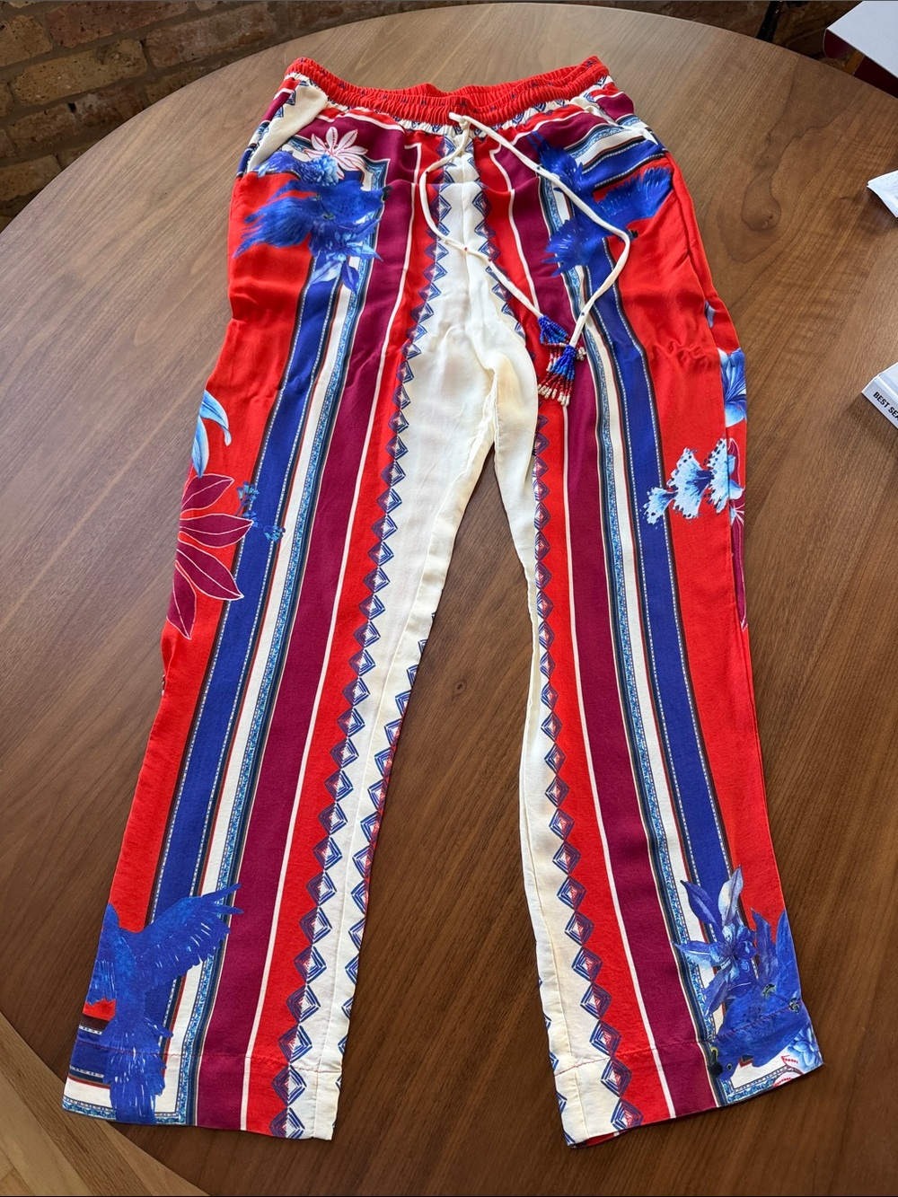 Farm Rio Macaw Parrot Red & Blue Striped Floral Drawstring Pants